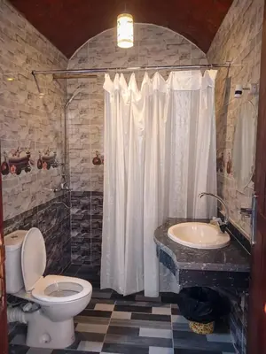 a bathroom with a shower and a toilet and a sink at Sky Guest House in Luxor
