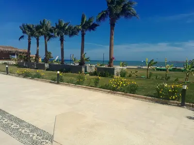 a park with palm trees and flowers and the ocean at Selena bay in Hurghada