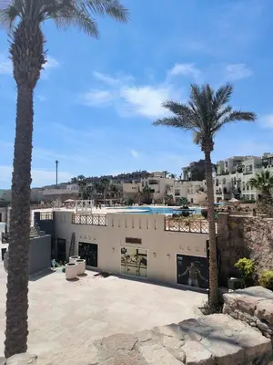 a view of a building with two palm trees at Roof top apartment with panorama view in Hurghada