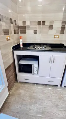 a kitchen with a stove and a microwave at Amenhotep Apartments in Luxor