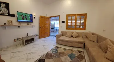 a living room with a couch and a tv at Amenhotep Apartments in Luxor