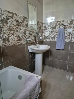 a bathroom with a sink and a bath tub at Nille and Garden View Apartment in Jazīrat al ‘Awwāmīyah