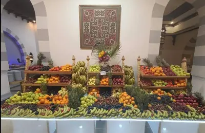 a display of fruits and vegetables in a store at Apartment with services Stella Beach Resort 5 star Makadi bay Egypt in Hurghada