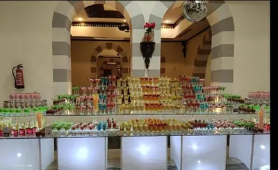 a display of different types of food in a building at Apartment with services Stella Beach Resort 5 star Makadi bay Egypt in Hurghada