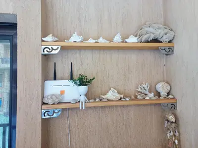 a wall with wooden shelves with shells on it at Turtles Beach Resort in Hurghada