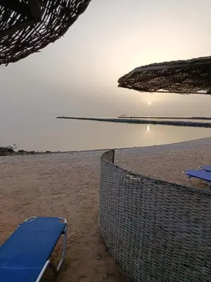 a beach with two blue chairs and the ocean at Turtles Beach Resort in Hurghada