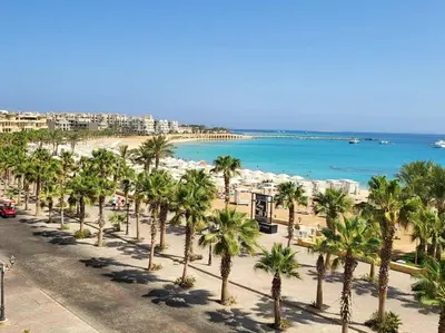 an aerial view of a beach with palm trees at Velký apartmán 50 m od pláže s přístupem zdarma- Sahl Hasheesh Hurghada resort Andalusie in Hurghada