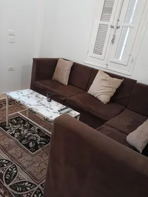a living room with a brown couch and a coffee table at Luxor Palm Villa in Luxor