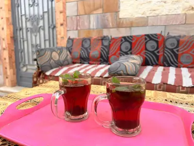two glasses on a pink tray on a table at Luxor Sun Villa in Luxor