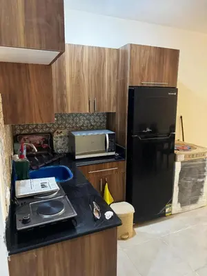a kitchen with a black refrigerator and a microwave at Egypt Traveler Hotel in Hurghada