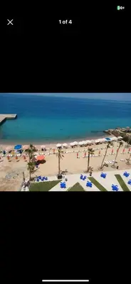 a picture of a beach with palm trees and blue umbrellas at منتجع جوليانا بيتش ريزورت in Hurghada
