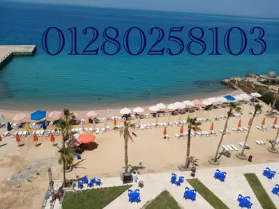 an aerial view of a beach with umbrellas and chairs at منتجع جوليانا بيتش ريزورت in Hurghada