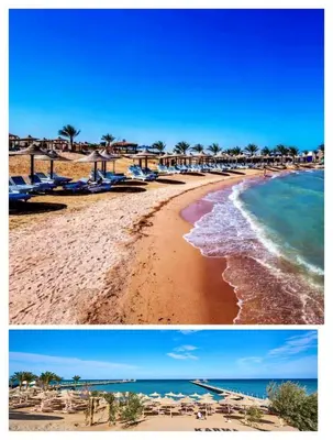 two pictures of a beach with chairs and the ocean at Luxe Apartment Inside Karma Beach Resort Al Ahiaa-Beach Free Access in Hurghada