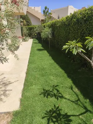 a garden with green grass and a sidewalk at Villa Makadi Heights in Hurghada