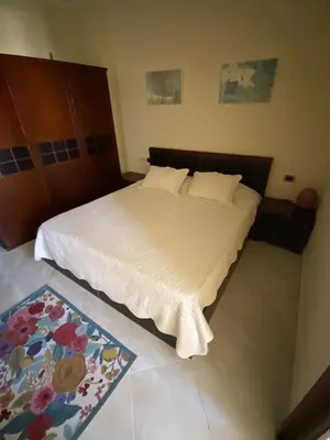 a bedroom with a large bed and a rug at Gravity Beach Apartment Non Egyptians only in Hurghada