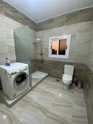 a bathroom with a washing machine and a toilet at Nile Ruby Luxor in Luxor