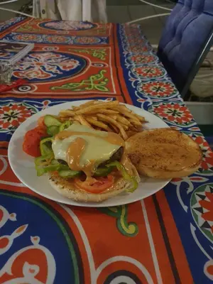 a plate of food with a sandwich and french fries at Moon Boat in Luxor