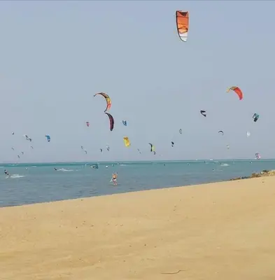 a group of people flying kites on the beach at بالما ريزورت in Hurghada