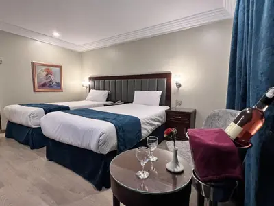a hotel room with two beds and a bottle of wine at Hapi V in Aswan