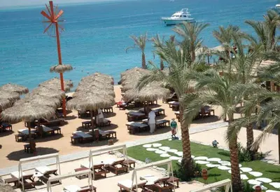 a beach with chairs and palm trees and a cruise ship at Salvatore Rooms- All Inclusive in Hurghada