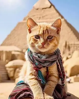 a cat wearing a scarf sitting in front of a pyramid at Sofia Nile Cruise Luxor & Aswan in Luxor