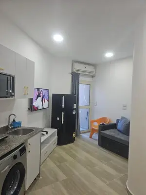 a kitchen and living room with a refrigerator and a couch at princess apartments in Hurghada