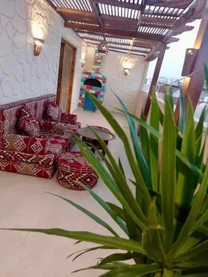 a living room with red couches and a potted plant at Klimatyczny apartament na dachu w sercu Hurghady in Hurghada