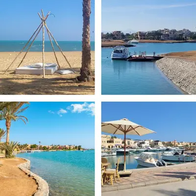 four pictures of a beach with boats and a windmill at Elegant apartment with pool and beach access in Hurghada
