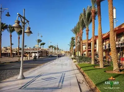 a street with palm trees on the side of a road at Chalet private beach and pool view in Hurghada