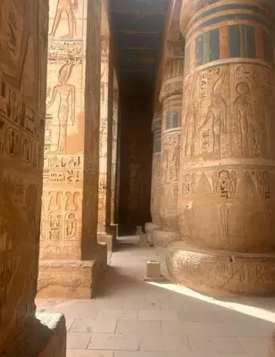 a hallway of an ancient building with carvings on the walls at Nubian Life Nile View in Aswan