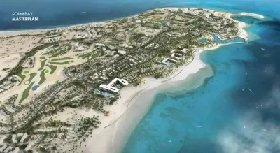 an aerial view of an island in the ocean at Mesca Chalet Soma Bay in Hurghada