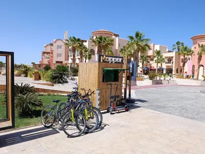 a group of bikes parked in front of a building at Mesca Chalet Soma Bay in Hurghada