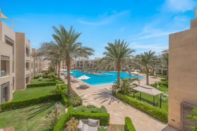 an aerial view of the pool at a resort at Elegant 2BR Plus Nanny Room in Mangroovy Gouna in Hurghada