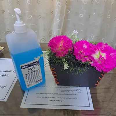 a bottle of detergent next to a pot of flowers at Tiba Golden Beach Resort, Down Town in Hurghada
