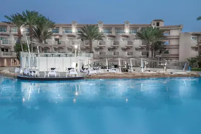 a view of the resort from the swimming pool at Pyramisa Beach Resort Sahl Hasheesh in Hurghada