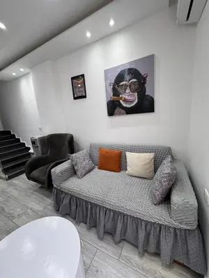 a living room with a couch and a picture of a monkey at Imperial resort Hurgarda in Hurghada