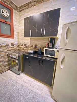 a kitchen with a refrigerator and a microwave at Luxor family apartment in Luxor