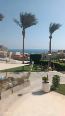 a view of palm trees and the ocean at one bedroom chalet,with sea view terrace in Hurghada