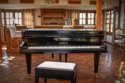 a piano sitting in a room with a stool at Princess Farida Luxury Dahabiya Nile Cruise, Every Monday from Luxor to Aswan 4 nights and Every Friday from Aswan to Luxor 3 nights in Luxor