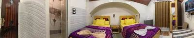 three pictures of a bedroom with two beds in it at Lale Hoste in Nag` el-Ramla