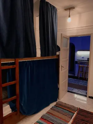 a bedroom with a bed with a blue canopy at MRHostel Luxor in Luxor