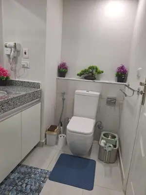 a small bathroom with a toilet and a blue rug at Scandic sea view in Hurghada
