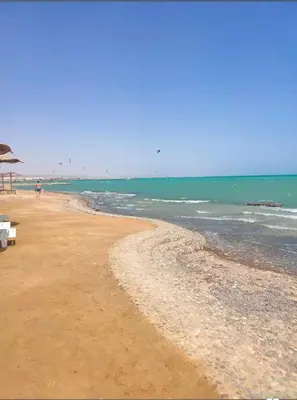 a beach with a bench and the ocean at Fanadir bay resort in Hurghada