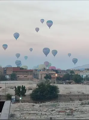 a bunch of hot air balloons flying in the sky at Carter Guesthouse Luxor 3 in Al Karnak