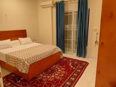 a bedroom with a bed and a red rug at Al Hayat house in Luxor