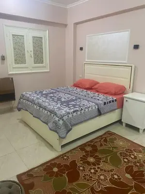 a bedroom with a bed with red pillows and a rug at Just the two of us in Luxor