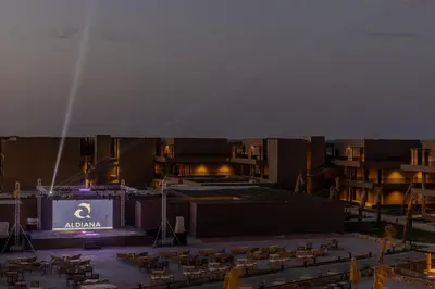 an aerial view of an amphitheatre with a stage and buildings at Aldiana Club Naga Bay in Hurghada