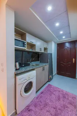 a kitchen with a washing machine and a purple rug at scandic resort 647 in Hurghada