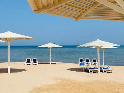 a group of chairs and umbrellas on a beach at Hurghada celina branch & resort in Hurghada