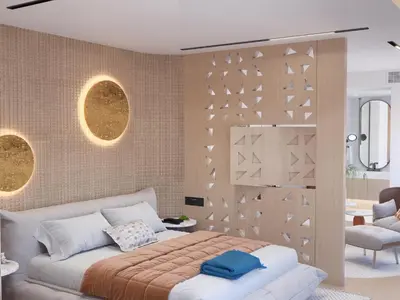 a bedroom with a bed and a chair and two mirrors at Nefertem Yacht, All-Inclusive Boutique Charter in Luxor
